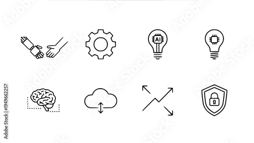 Outline vector icons representing innovation, technology, cloud computing, security, and creative ideas.