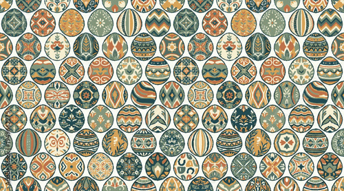 Colorful repeating mosaic pattern with circular egg shapes in earthy tones and subtle textures for modern design