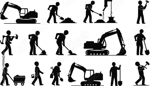 Construction workers and machinery silhouettes set with excavators shovels hammers and manual laborers representing heavy equipment civil engineering infrastructure development industrial 