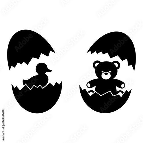Two playful characters emerging from cracked eggshells Vector, illustration