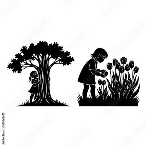 Children exploring and nurturing nature in a serene black and white illustration Vector, illustration