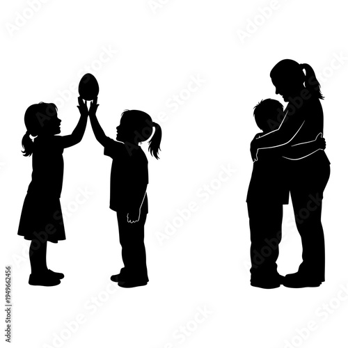 Children playing and adult embracing child in silhouette form Vector, illustration