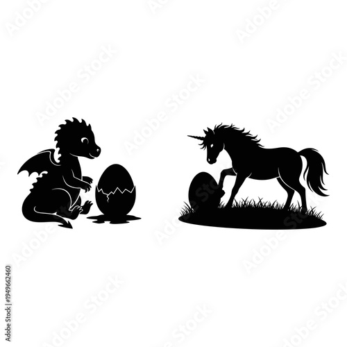 Mythical creatures: dragon foal and unicorn near nest Vector, illustration
