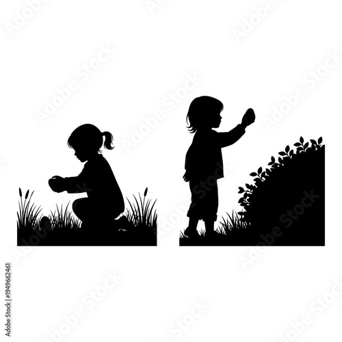 Two children exploring nature with curiosity and wonder in a black and white silhouette Vector, illustration