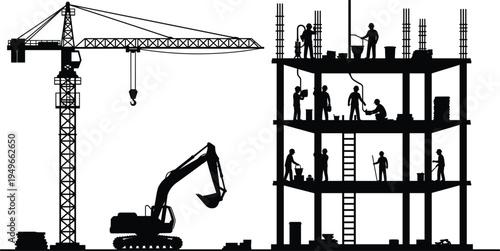 Construction workers silhouettes building multi story structure with tower crane and excavator representing heavy machinery teamwork civil engineering infrastructure development 