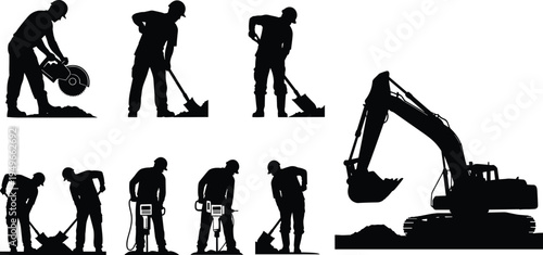Construction workers silhouettes using tools jackhammer shovel cutter and excavator representing manual labor heavy machinery engineering infrastructure development industrial building site concept