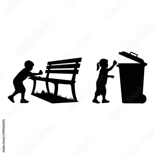 Children demonstrating proper park bench and trash bin etiquette in a public space Vector, illustration