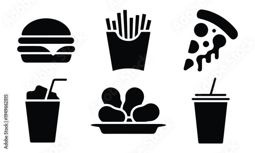 Fast food icons: burger, fries, pizza, drinks, nuggets, black and white, junk food, white background, food symbols