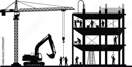 Construction workers silhouettes with tower crane excavator and multi story building framework illustrating heavy machinery teamwork civil engineering infrastructure development industrial 
