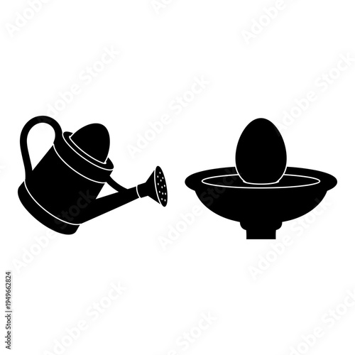 A watering can pouring water over an egg in a nest-like container Vector, illustration