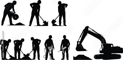 Construction workers silhouettes with shovel jackhammer cutter and excavator illustrating manual labor heavy machinery civil engineering infrastructure development industrial construction site concept
