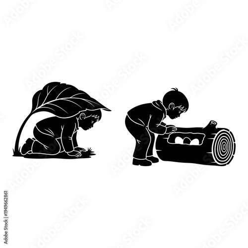 Children exploring nature and mechanical curiosity in a whimsical illustration Vector, illustration