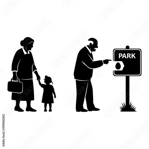 A man pointing at a park sign while a woman and child walk by Vector, illustration