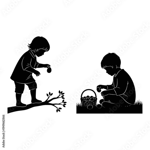 Children gathering fruits from nature in a serene outdoor setting Vector, illustration