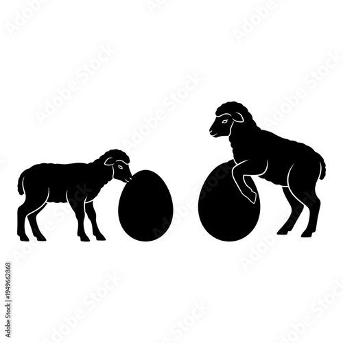 Two sheep interacting with spherical objects in a minimalist black and white illustration Vector, illustration