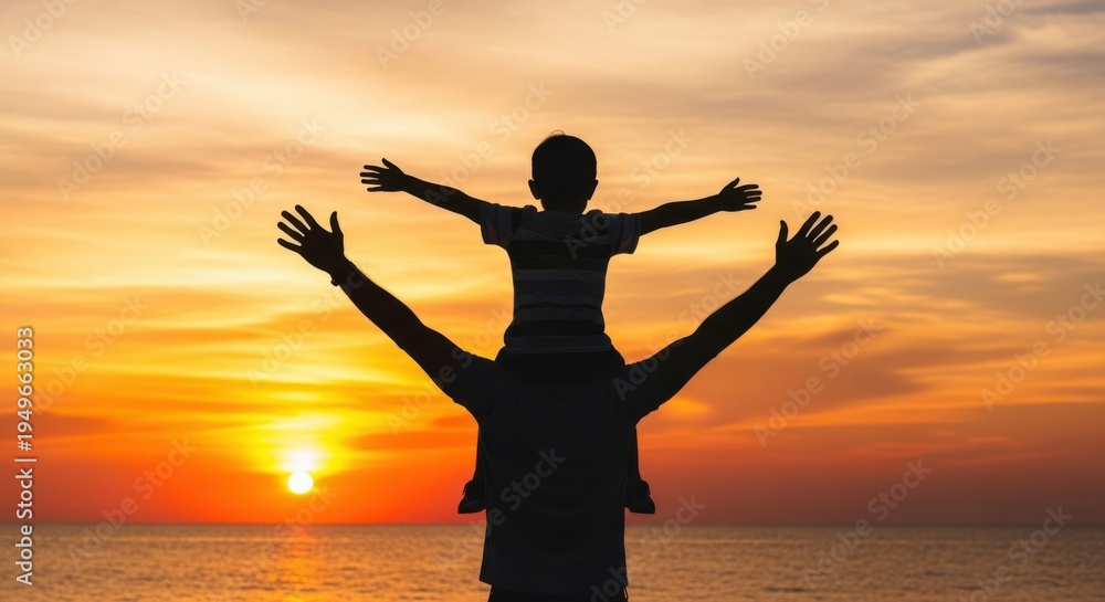 Fototapeta premium Father and son silhouettes on shoulders at sunset beach, family love and joy