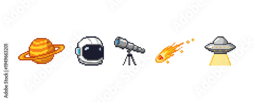 Collection of space and astronomy themed icons in a vibrant pixel art style featuring planet astronaut telescope comet and spaceship elements