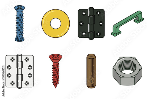Collection of essential furniture hardware and construction fastener icons featuring screws washers hinges and wooden dowels in a clean vector illustration style