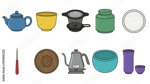 Professional tea ceremony equipment and traditional beverage preparation tools set in a clean vector illustration style for tea culture and cafe design projects