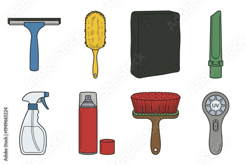 Set of household cleaning tools and maintenance supplies including spray bottles brushes dusters and equipment for home sanitation isolated on white background