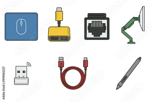 Assortment of essential computer peripheral hardware and office connectivity cables including mouse pad usb drives and digital graphic input tools isolated on white background