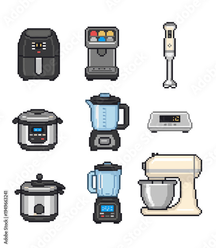 Kitchen appliance collection featuring various food preparation gadgets including blender mixer pressure cooker and coffee machine in pixel art style