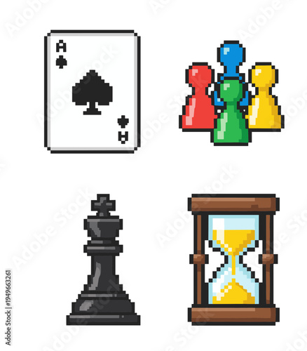 Set of pixel art board game elements including playing card king chess piece hourglass and colorful game board pieces for digital design and game assets