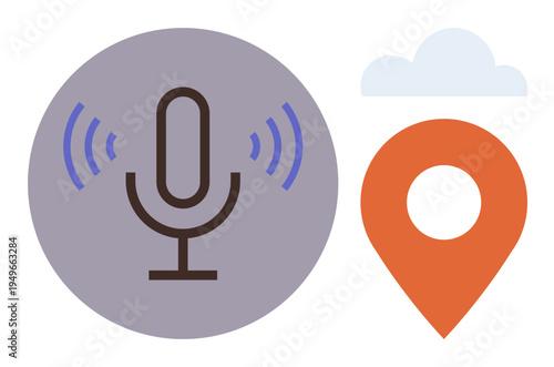 AI technology, digital assistants, voice search, navigation tools, geolocation, connectivity. A microphone, orange location pin and cloud icon. Voice search and geolocation technology concept