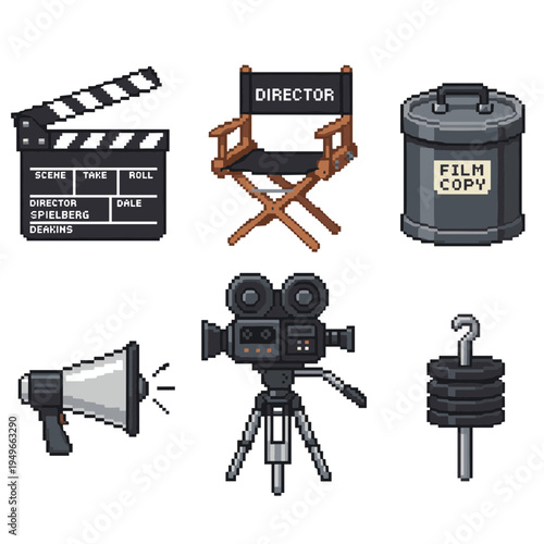 Film production and movie making pixel art icon set including clapperboard director chair film canister megaphone camera and heavy duty weight