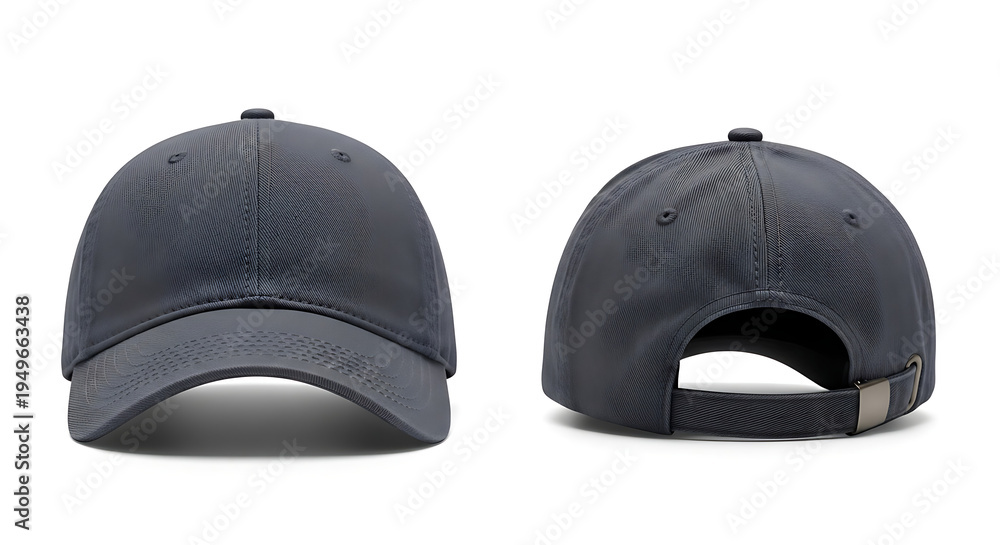 Obraz premium Two views of a plain, dark grey baseball cap, one from the front and one from the back, on a white background.