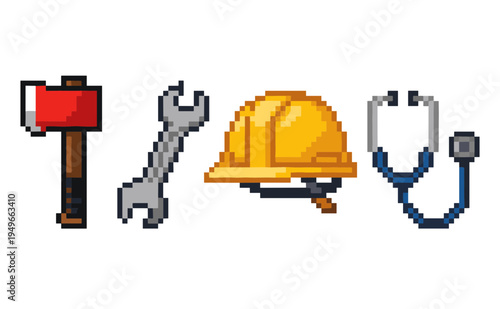 Assorted professional worker equipment and emergency service tools icons in pixel art style for industrial and medical occupations