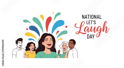 Illustration of a joyful woman laughing with friends celebrating National Let's Laugh Day with colorful design elements.