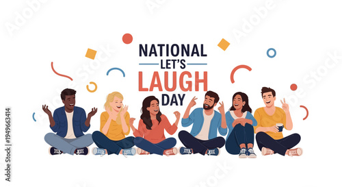 Illustration of a diverse group of friends laughing together on National Let's Laugh Day with colorful confetti and ribbons, conveying happiness and joyful laughter.