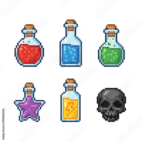 Fantasy potion bottles, magical elixirs and a skull icon in pixel art style for role playing game inventory or alchemy concepts