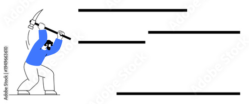 Problem-solving, persistence, hard work, challenges, determination, overcoming adversity. A man in motion swings a pickaxe at horizontal lines. Problem-solving and persistence concept in minimalist