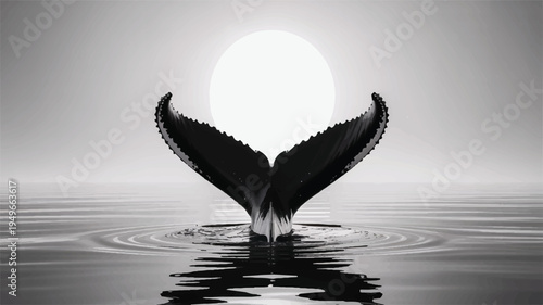 Whale tail emerges from calm ocean waters at sunset with full moon