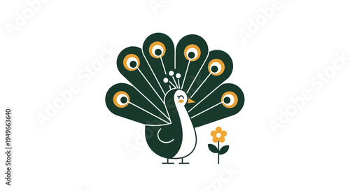 Stylized peacock illustration with open tail feather fan and flower