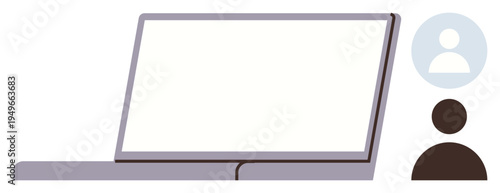 Work-from-home, online meetings, user interaction, telecommunication, remote networking, online identity. Minimalistic laptop display with user icons. Online meetings and telecommunication