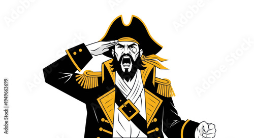 Stylized pirate character saluting on white background illustration