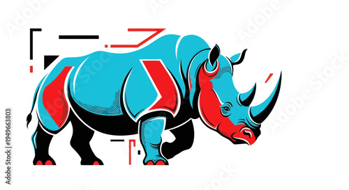 Stylized rhinoceros illustration in vibrant colors isolated on white background