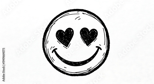 A hand-drawn black and white sketch of a smiley face with heart-shaped eyes, conveying a feeling of love or adoration.