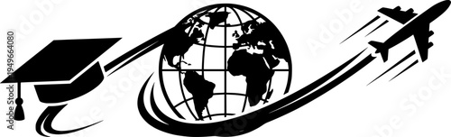 Silhouette vector of a graduation hat, globe, and airplane,
