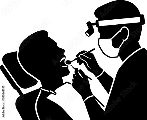 Vector illustration of a dentist examining a patient in a dental chair.
