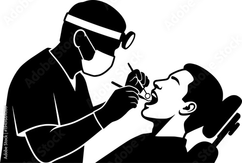 Vector illustration of a dentist examining a patient in a dental chair.
