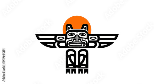 Stylized totem pole with orange sun illustration on white background