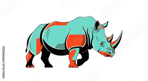 Stylized vector illustration of a rhinoceros walking on white background