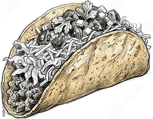 Delicious taco illustration with a rustic, hand-drawn aesthetic, showcasing fresh ingredients and savory fillings