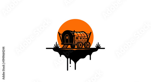 Stylized wagon silhouette against orange sun vector illustration on white
