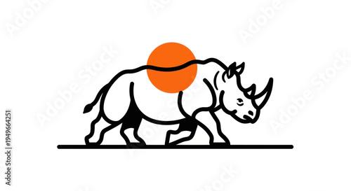 Stylized walking rhinoceros with orange sun illustration on white background