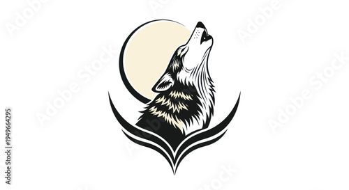 Stylized wolf howling at the moon design on white background
